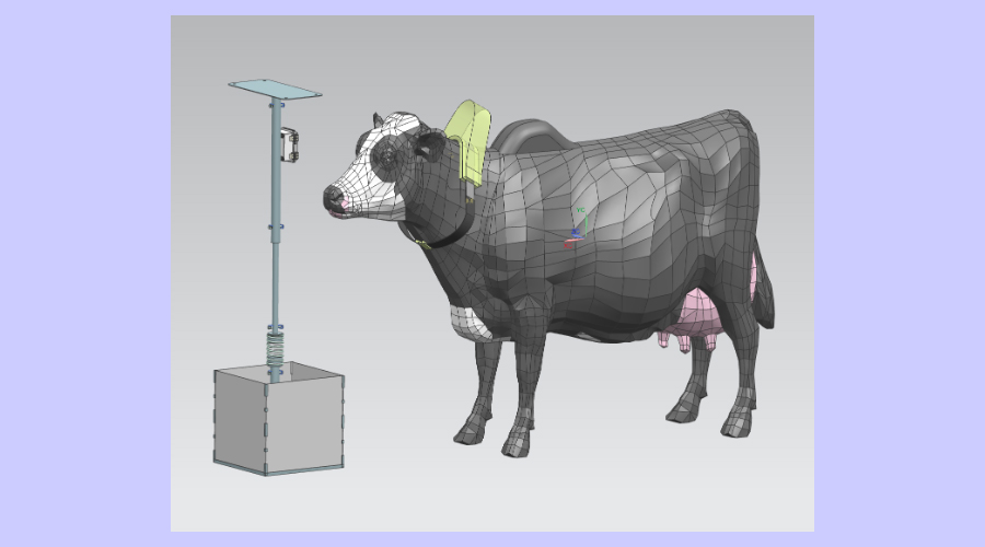 Rendering of high visibility collar that interfaces with a central post to virtually fence in cattle.